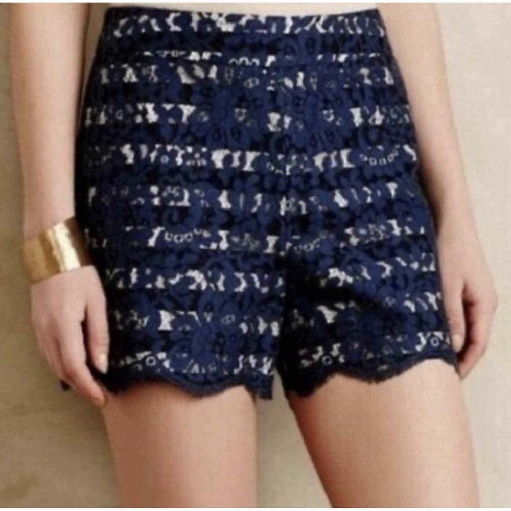 Naf Naf Paris Navy Lace Shorts Scalloped Eyelash Hem Pockets Womens 6